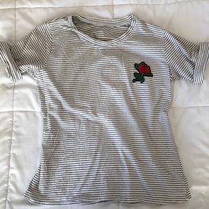 T-shirt — black and white striped rose decal